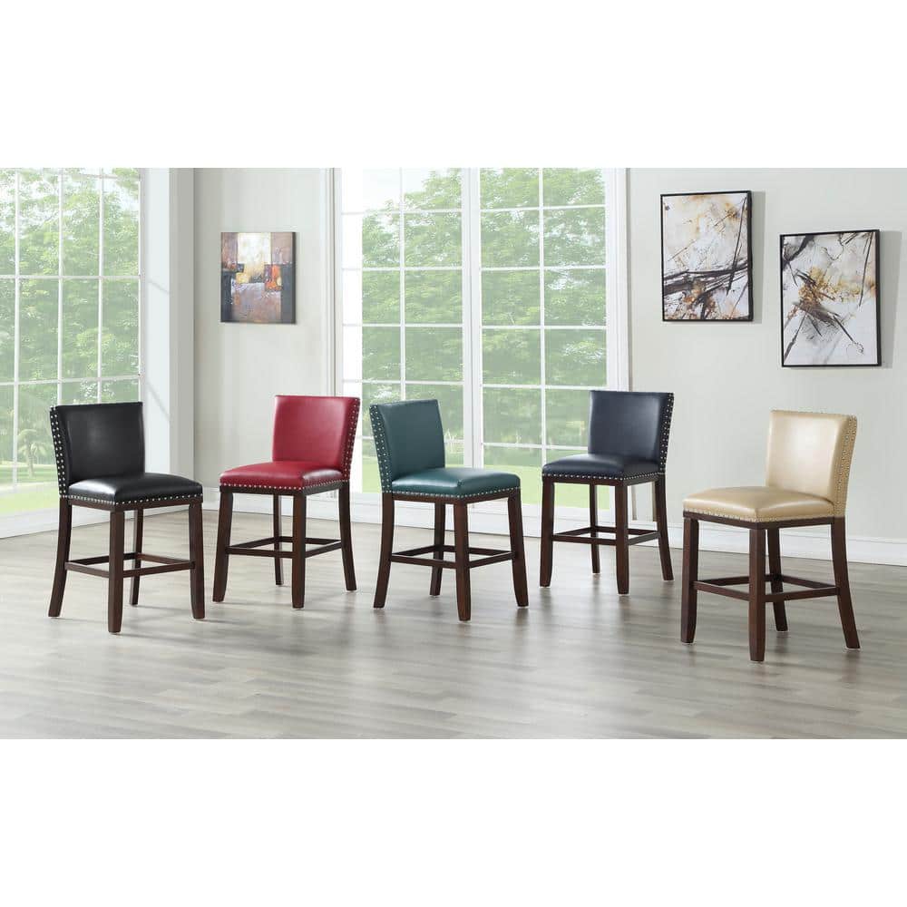 Tiffany Black Leather and Wood Counter Stools, Set of 2