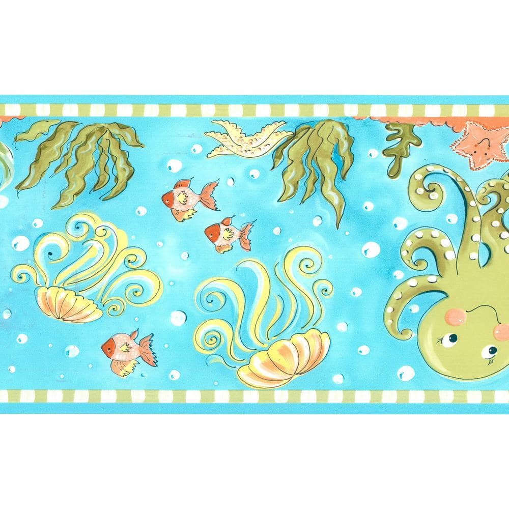 Dundee Deco Falkirk Brin Fish Seahorse Jellyfish Octopus Sky Blue Green Pink Wallpaper Border Bd6276