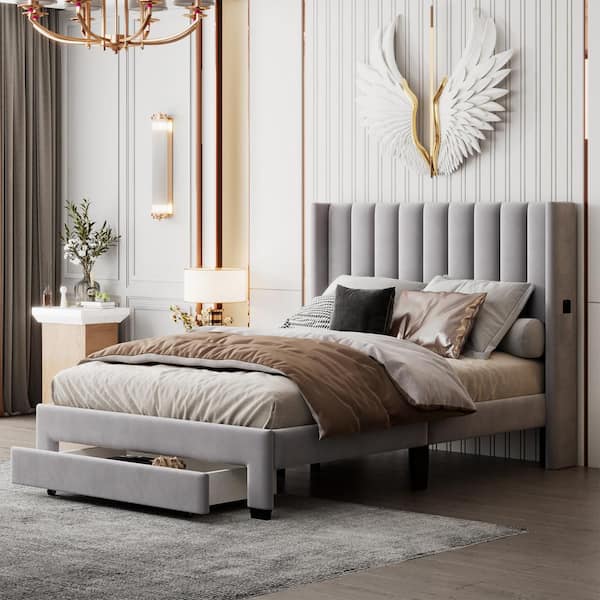 IDEAGLE Gray Velvet Tufted Upholstered Full Size Platform Bed Frame with Headboard and a Big Drawer Storage System