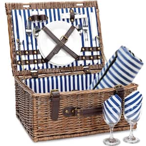 Wicker Picnic Basket for 2, 2 Person Picnic Set, Willow Hamper Service Gift Set with Bamboo Wine Table with Metal Legs for Camping and Outdoor Party