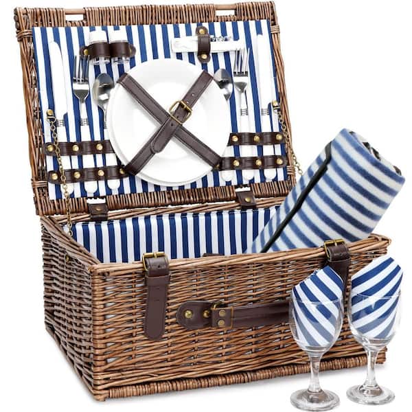 22 qt. Picnic Basket Set with Cooler and Waterproof Picnic Blanket, Willow Hamper Service Gift Set, Blue