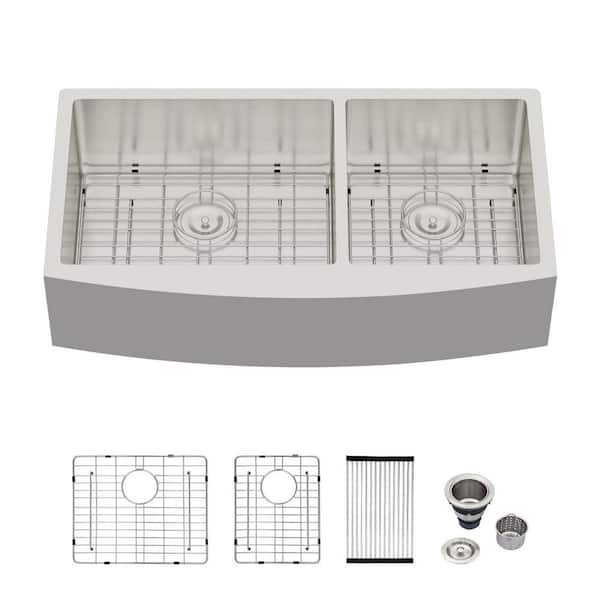 36 in. Farmhouse Apron Front 60/40 Double Bowl 18-Gauge Stainless Steel Kitchen Sink with Bottom Grids