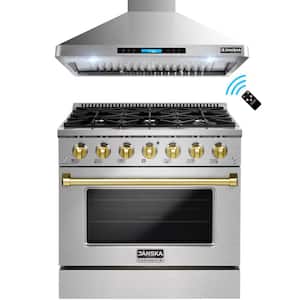 36 in. 870 CFM Wall-Mount Range Hood and 36 in. 5.2 cu. ft. Gas Range with Convection Oven with Gold Knobs and Handle