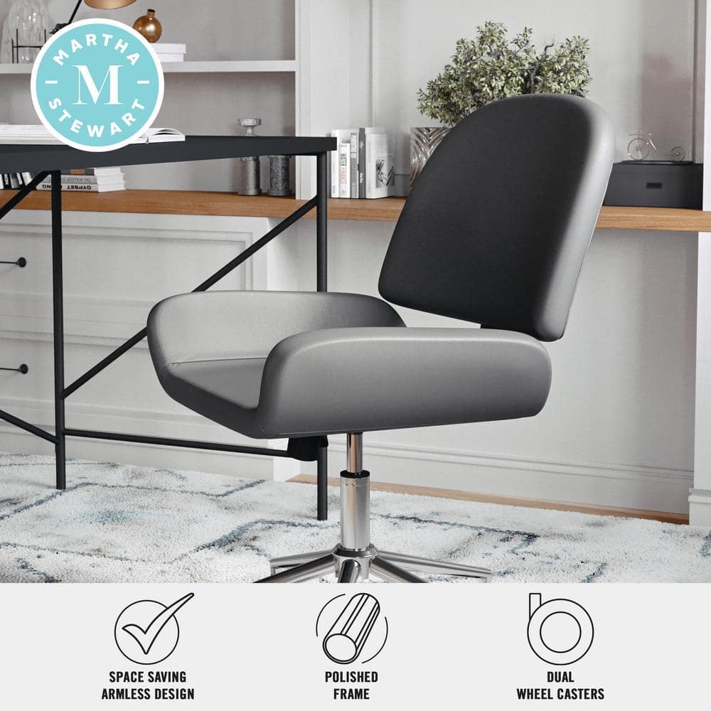 Gray Faux Leather Armless Swivel Office Chair with Polished Nickel Frame