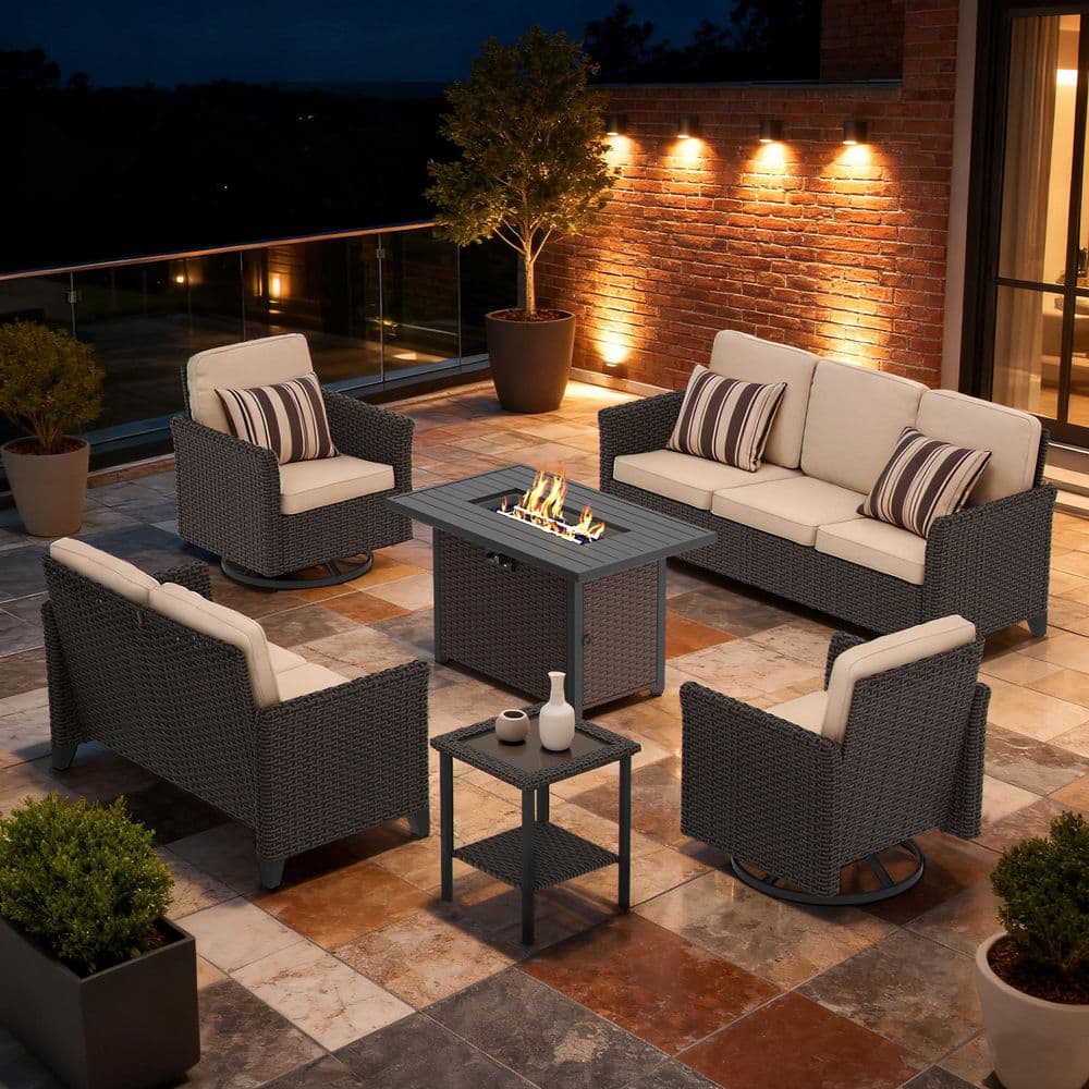 LATTOY 6-Piece Brown Wicker Outdoor Fire Pit Conversation Set with Beige Cushions and Swivel Rocker Patio Chairs HD2E-Z15X-BDEF1 - The Home Depot