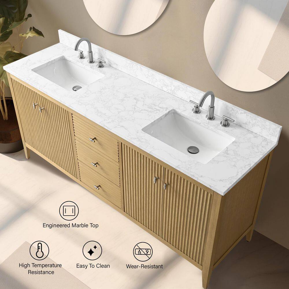 72" Natural Oak Double Sink Vanity with Marble Top