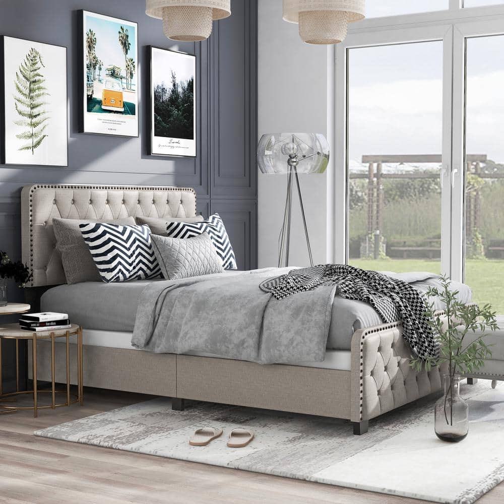 Beige Full Upholstered Wood Bed with Tufted Headboard