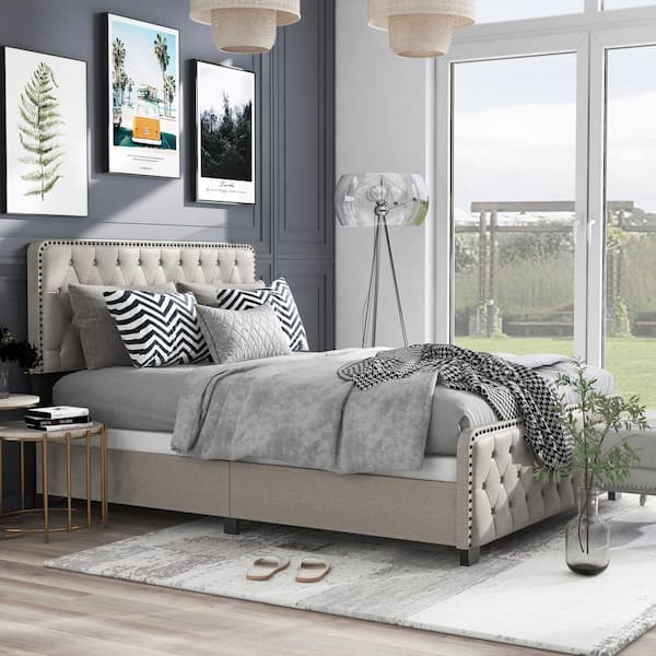 Foxfire Beige Queen Panel Bed with Tufted Upholstery