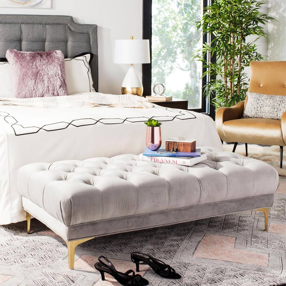 Luxurious Grey Velvet and Brass Tufted 54" Bench