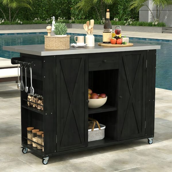 Outdoor Kitchen Island with Stainless Steel Top, Ample Storage Space, Towel and Spice Racks and a Bottle Opener