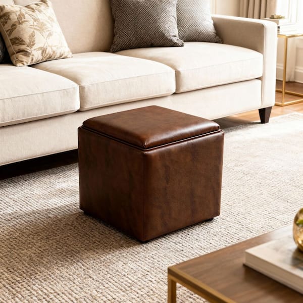 Homepop Lift-Off-Lid Brown Faux Leather Square Storage (Under 18 