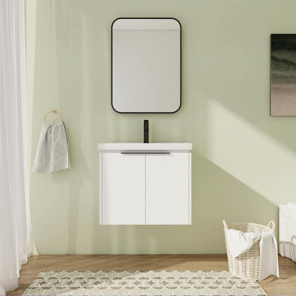 24 in. Wall-Mounted Single White Bath Vanity with White Ceramic Vanity Top Unassembled