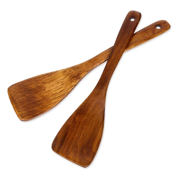 Natural Wood Oblique Flat Spatula Set with 13 in. Long Handle for Non-Stick Wok and Pan Cooking, 2-Piece