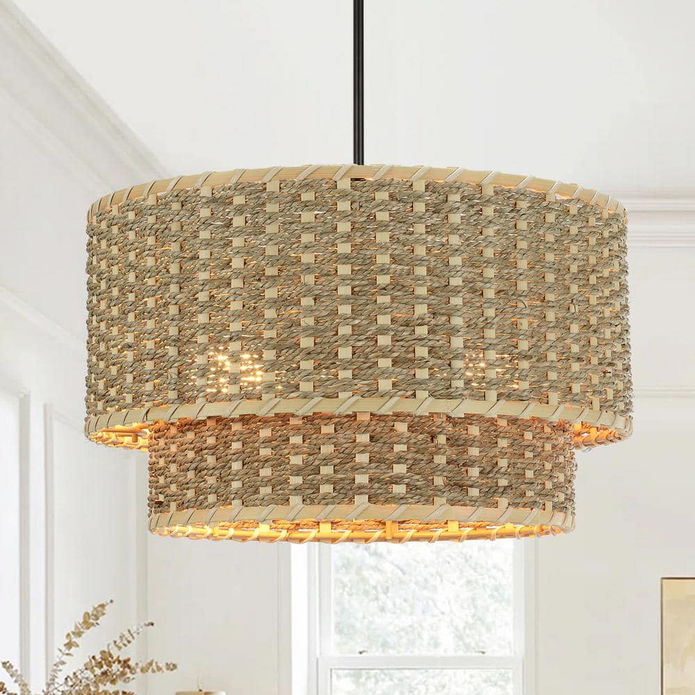 Matte Black 2-Light Adjustable Rattan Drum Chandelier