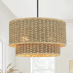 Onyx 14 in. Adjustable 2-Light Rattan Drum Chandelier with Matte Black Hardware , Seagrass Semi-Flush Mount