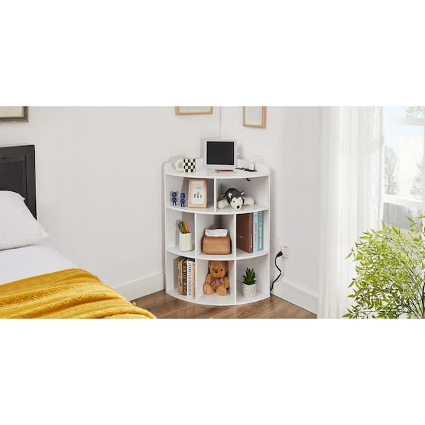Corner Cabinet with Charing Station, 3-Tier Cube Storage Organizer with USB Ports and Outlets, Triangle Bookcases, White