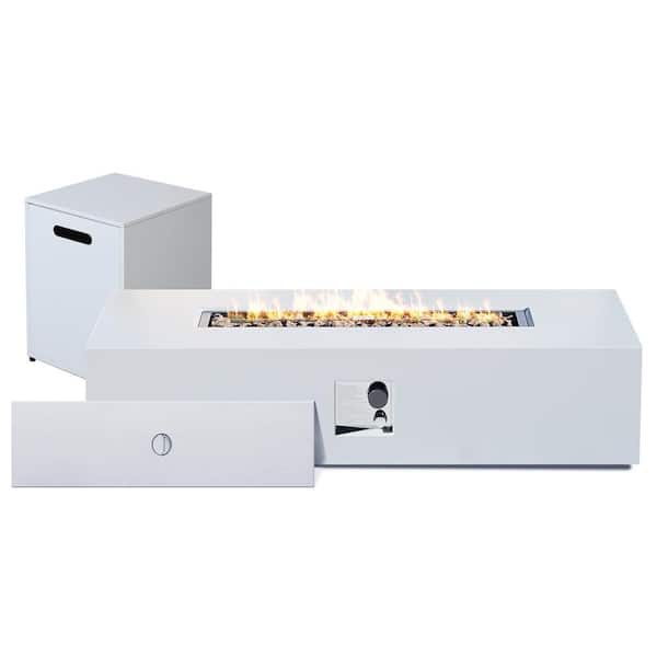 56 in. Outdoor Rectangular Iron White Fire Pit Table with Propane Tank Holder