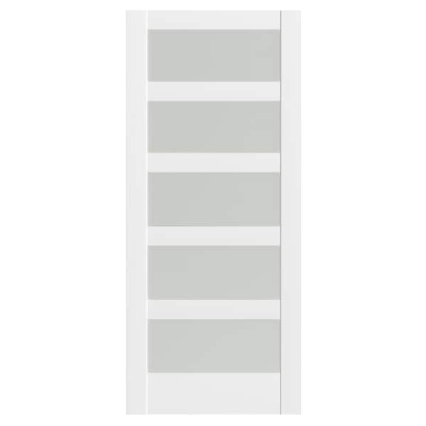 36 in. x 80 in. 5-Panel Frosted Glass, Can Be Painted, White Primed MDF Wood Pocket Door Frame without Hardware