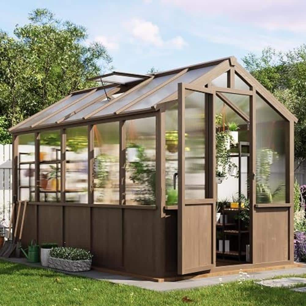6x8ft Spruce Wooden Walk-In Greenhouse with Polycarbonate Panels, Adjustable Roof Vents & Lockable Door, Brown price history on PriceWatchPro