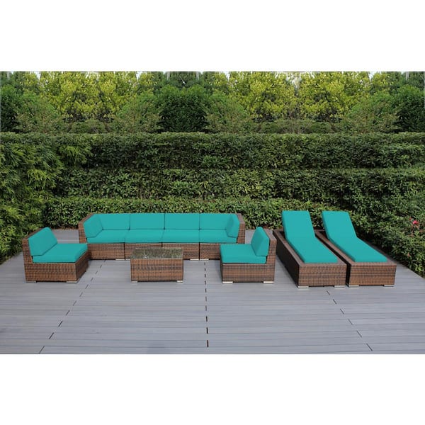 Mixed Brown 9-Piece Wicker Patio Combo Conversation Set with Sunbrella Aruba Cushions