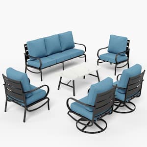 Metal Slatted 7-Seat 6-Piece Outdoor Patio Conversation Set with Denim Blue Cushions, Table with Marble Pattern Top