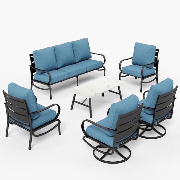 PHI VILLA Metal Slatted 7-Seat 6-Piece Outdoor Patio Conversation Set with Denim Blue Cushions, Table with Marble Pattern Top