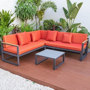 Chelsea Modern Black 3-Piece Patio Sectional Seating Set With Adjustable Headrest & Coffee Table With Orange Cushions