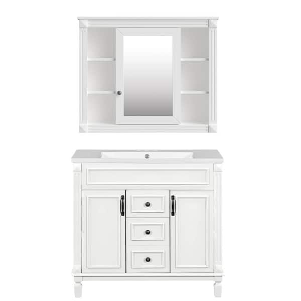 36 in. W x 18.10 in. D x 34.10 in. H Single Sink Bath Vanity Mirror Cabinet in White with White Resin Top and Mirror
