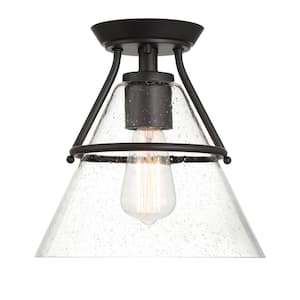Greylock 10 in. 1-Light Matte Black Cone Semi-Flush Mount Ceiling Light with Clear Seeded Glass Shade