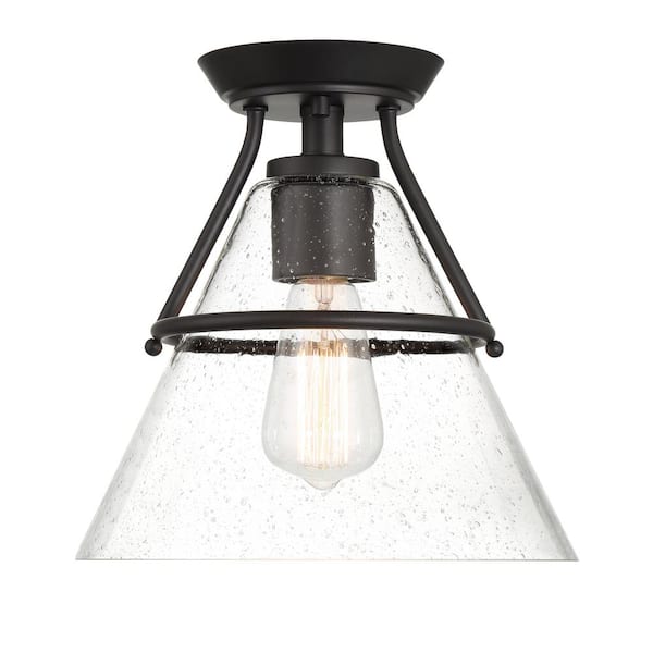 Hampton Bay Greylock 10 in. 1-Light Matte Black Cone Semi-Flush Mount Ceiling Light with Clear Seeded Glass Shade
