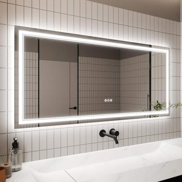 WELLFOR 60 in. W x 28 in. H Rectangular Frameless Wall Mounted Anti-Fog Dimmable LED Bathroom Vanity Mirror