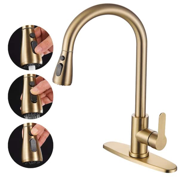 cobbe Pause Mode Single Handle Pull Down Sprayer Kitchen Faucet with Deckplate Included in Gold
