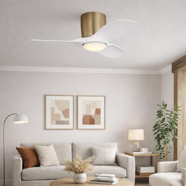 Titus 32 in. Indoor/Outdoor Satin Brass Standard Flush Mount Hugger LED Ceiling Fan with White Blades, Light Kit, Remote