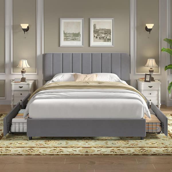 VECELO Upholstered Queen Size Platform Bed Frame with 4 Storage Drawers and Headboard Wooden Slats Support Gray