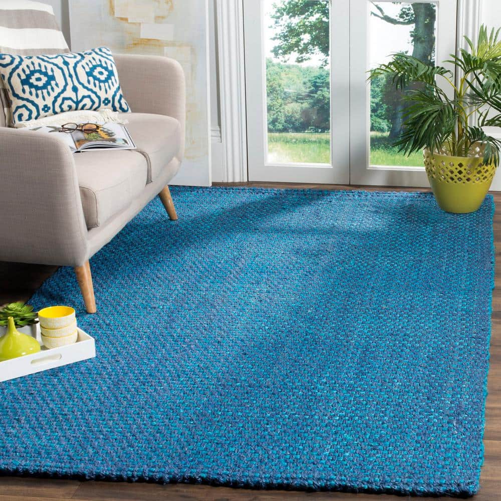 Hand-Knotted Blue Jute Rectangular Rug, 6' x 9'