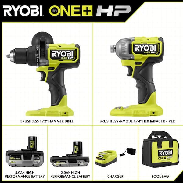 ONE+ HP 18V Brushless Cordless 2-Tool Combo Kit with 4.0 Ah Battery, 2.0 Ah Battery, Charger, and Bag