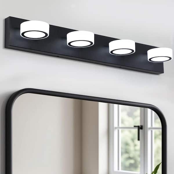 29.1 in. W 4-Light Sleek Black LED Vanity Light with White Round Shade 360° Rotatable Joint Dimmmable