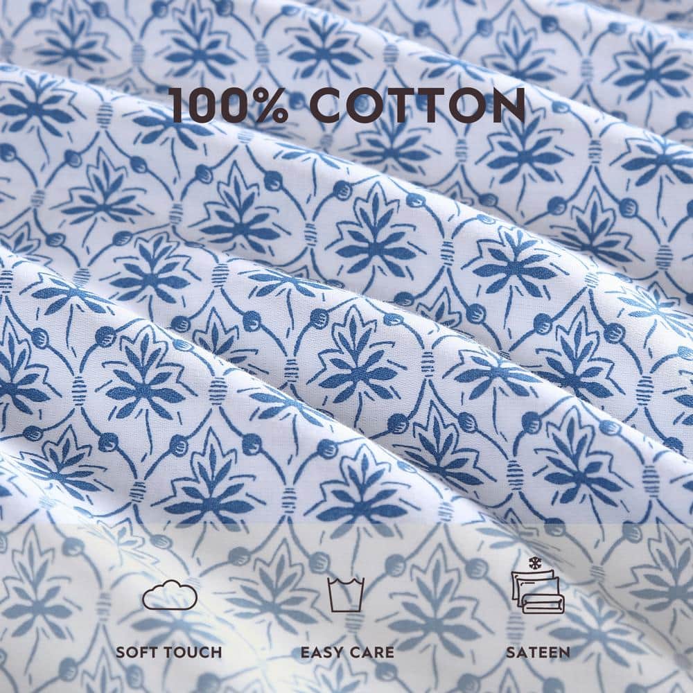 Blue Cotton Sateen Queen Sheet Set with Floral Print