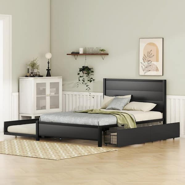 Polibi Metal Frame Full Size Platform Bed with Twin Size Trundle and 2-Drawers, Black
