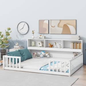 White Wood Frame Full Size Platform Bed with Bedside Bookcase, Shelves, Fence Guardrails