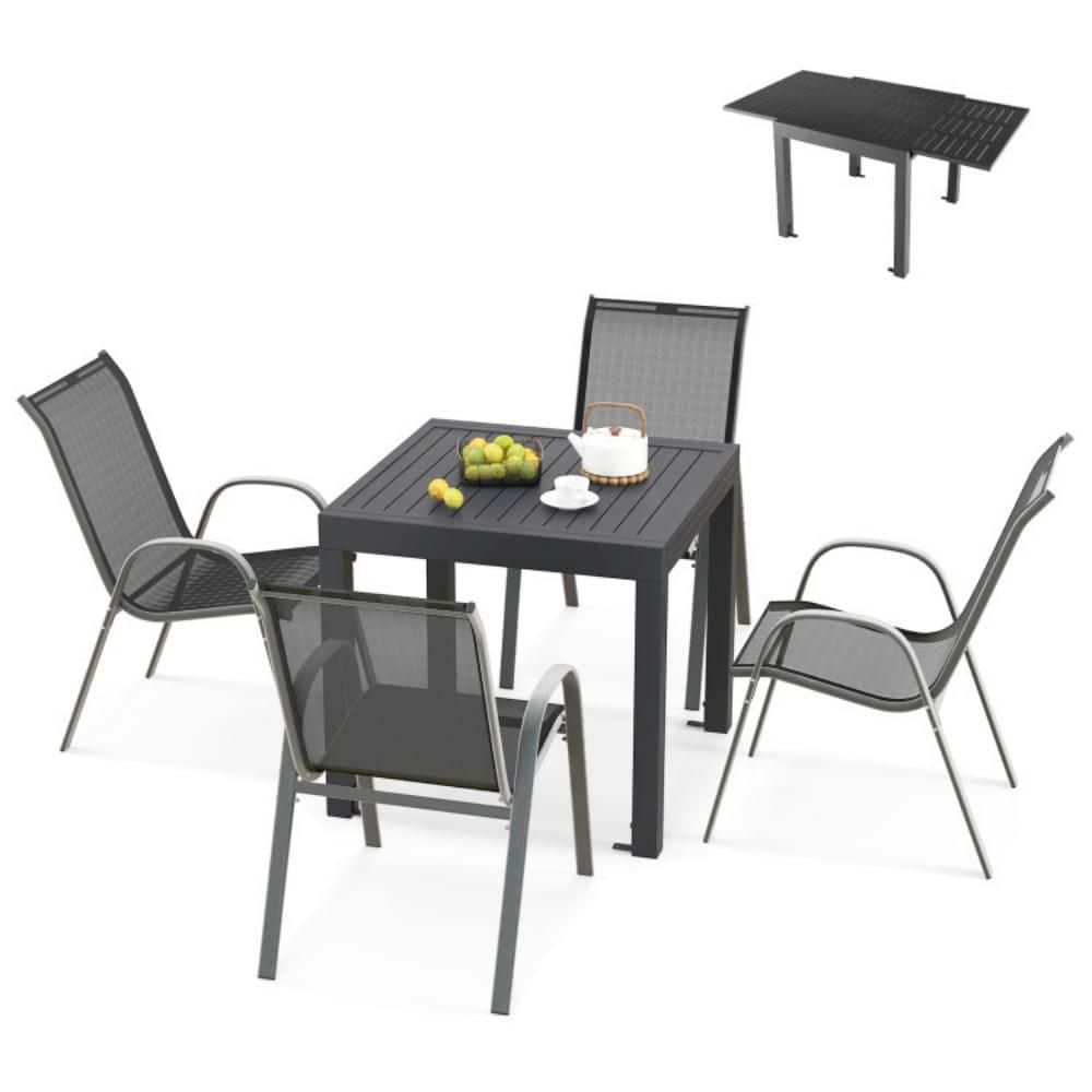 5-Piece Metal Frame Outdoor Dining Table Set with Extendable Aluminum Table and Stackable Chairs