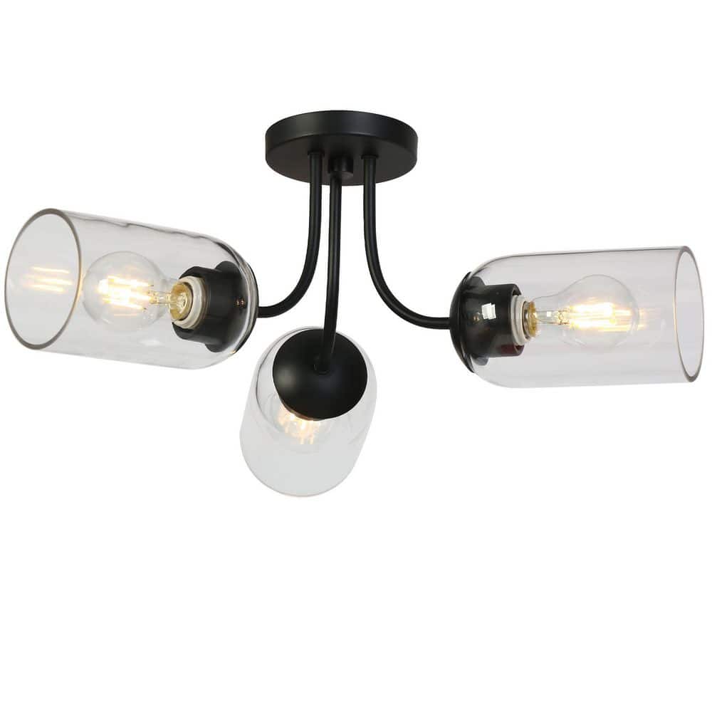 22 in. 3-Light Modern Sputnik Matte Black Semi-Flush Mount Ceiling Light with Clear Cylinder Glass for Living Room Foyer price history on PriceWatchPro
