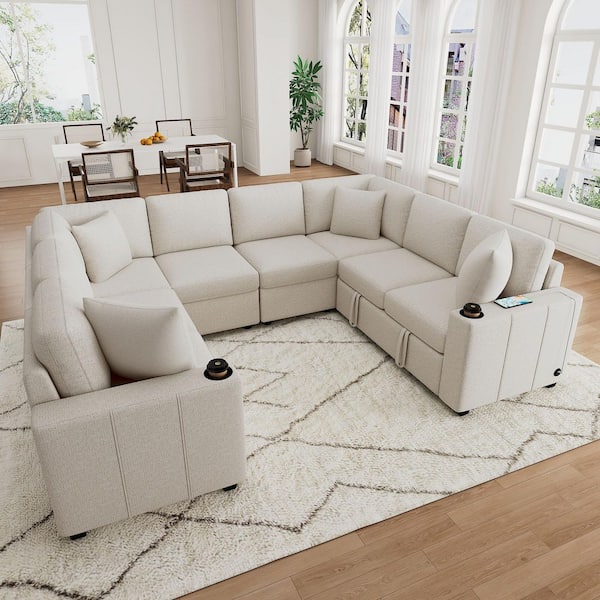 Marvello Modern 108.7 in. Chenille Upholstered U-shaped Sectional Sofa in Beige, Pull-out Sofa Bed with Cup Holders