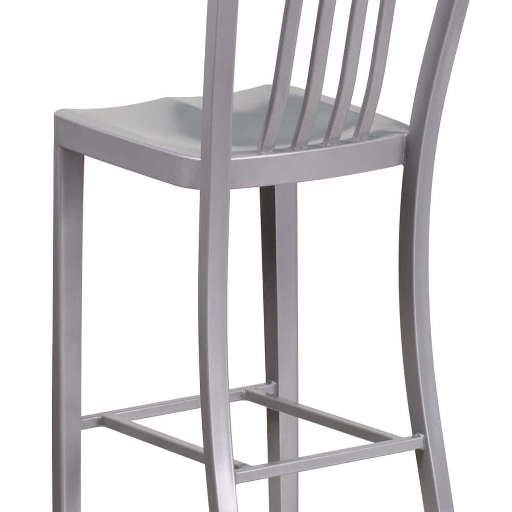 Silver Metal 30" High Indoor-Outdoor Barstool with Slat Back
