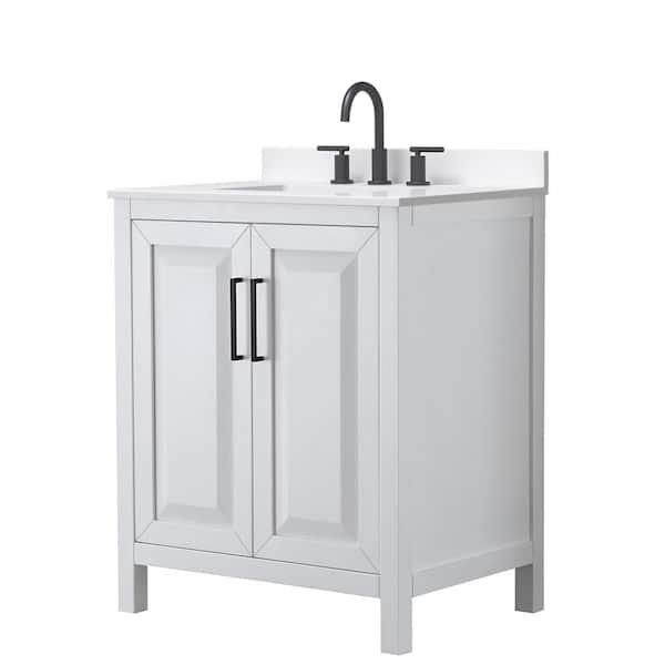 Wyndham Collection Daria 30 in. W x 22 in. D x 35.75 in. H Single Sink Bath Vanity in White with Matte Black Trim White Quartz Top