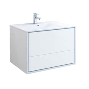 Catania 36 in. Modern Wall Hung Bath Vanity in Glossy White with Vanity Top in White with White Basin