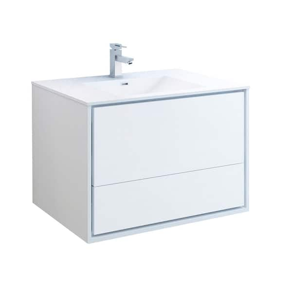 Catania 36 in. Modern Wall Hung Bath Vanity in Glossy White with Vanity Top in White with White Basin