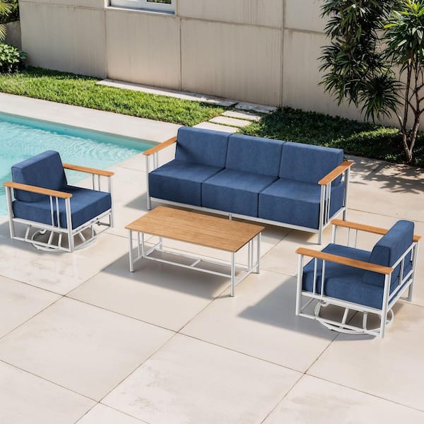 Minimalism 4-Piece White Patio Metal Outdoor Conversation Set with Swivel Rocking Chair and Blue Cushions