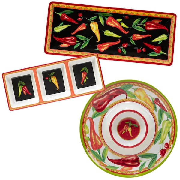 Certified International Red Hot 3-Piece Multicolored Melamine 19 in. Platter, 14.5 in. 3-Section Relish Tray, 14.5 Chip and Dip Hostess Set