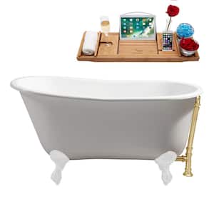 53 in. x 28 in. Cast Iron Clawfoot Soaking Bathtub in Glossy White with Matte Black Clawfeet and Polished Gold Drain